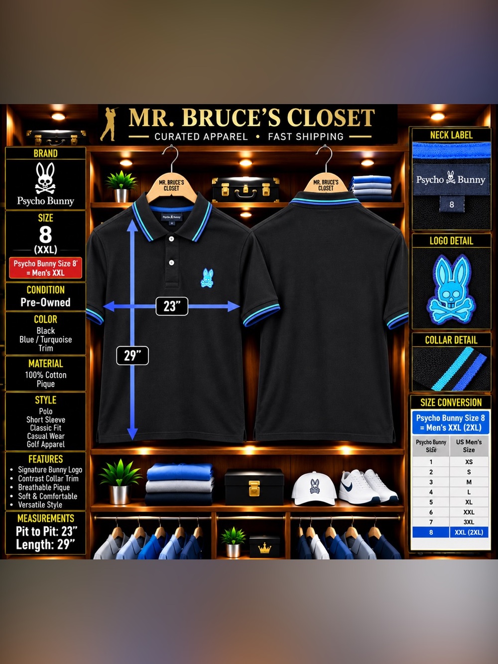 Psycho Bunny Black Polo with Blue/Turquoise Trim